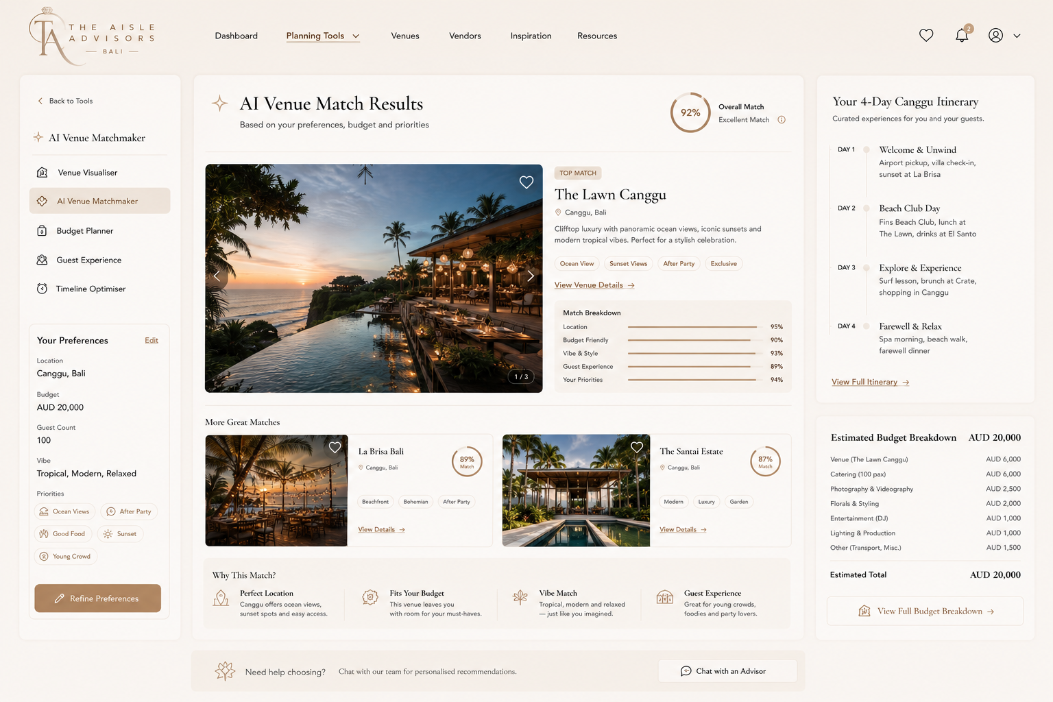 AI Venue Matchmaker results screen, recommending Bali venues, a 4-day Canggu itinerary and an estimated budget breakdown based on the couple's preferences