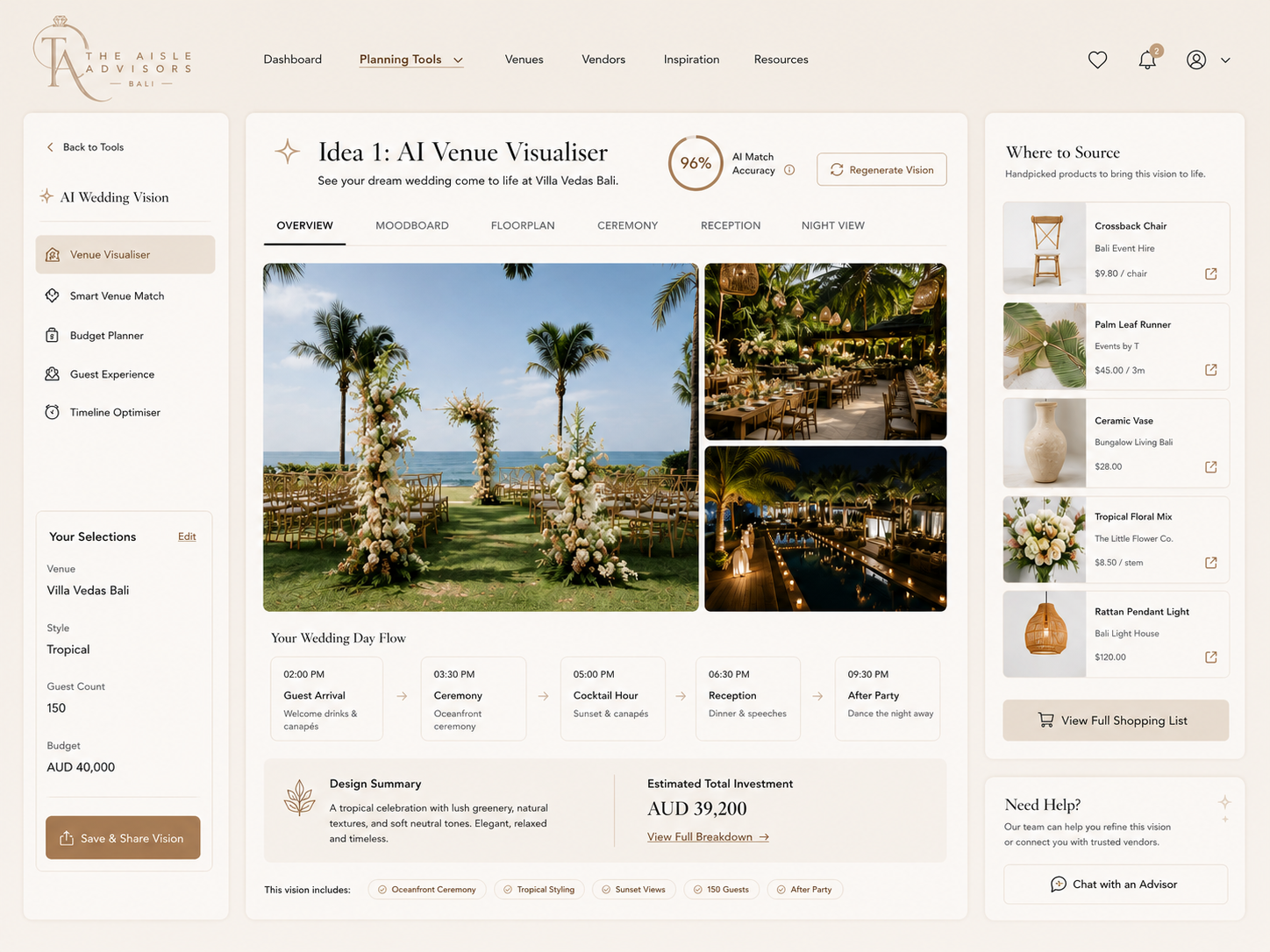 AI Venue Visualiser screen, previewing a tropical Bali wedding at Villa Vedas with ceremony and reception imagery, a wedding-day flow timeline, design summary and locally sourced décor to shop