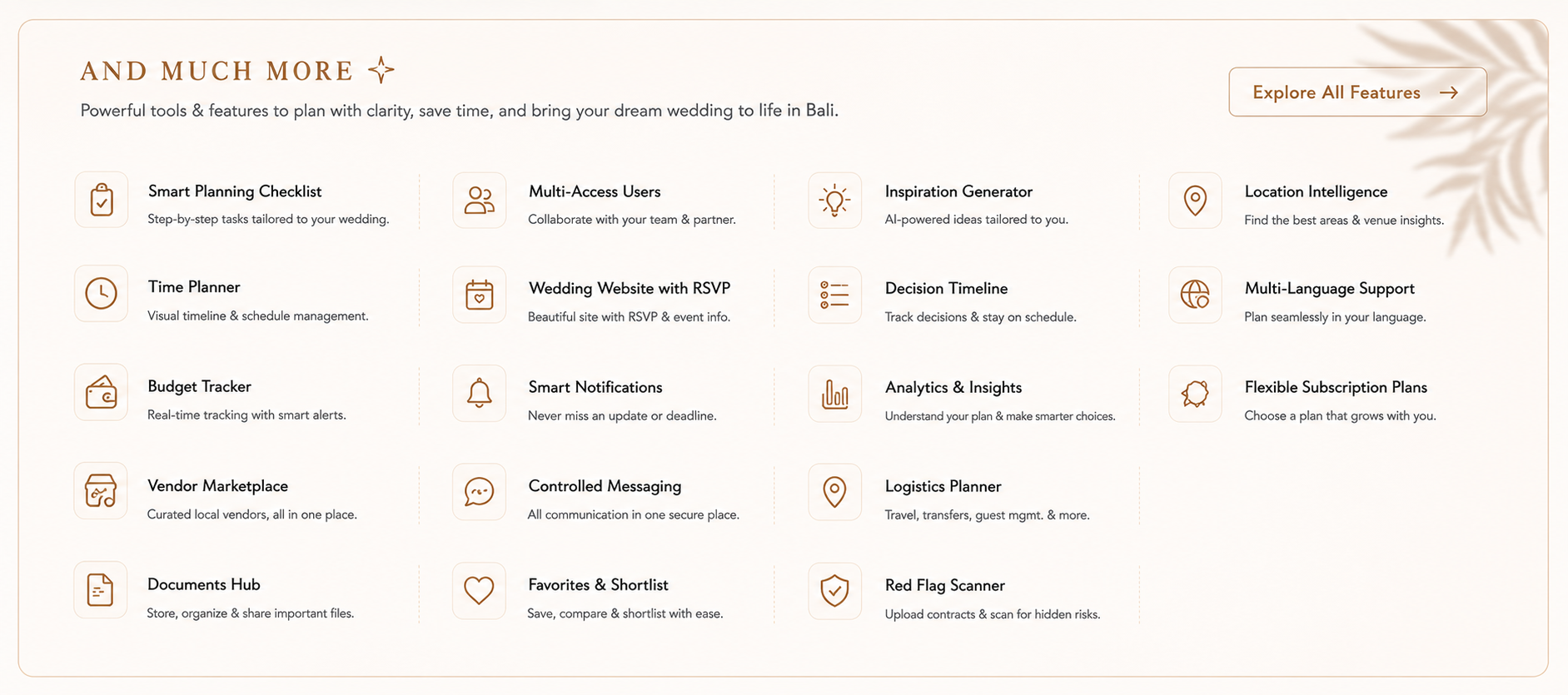 And much more, a grid of additional planning features including smart checklist, time planner, budget tracker, vendor marketplace, documents hub, wedding website with RSVP, controlled messaging, red flag scanner, analytics and multi-language support