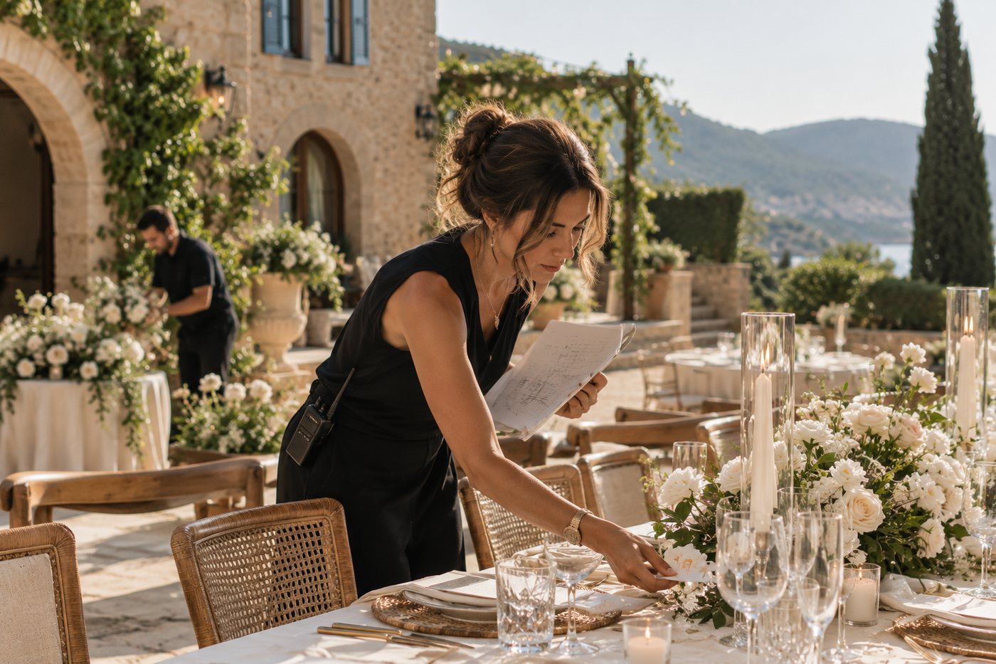 A coordinator setting a long wedding table