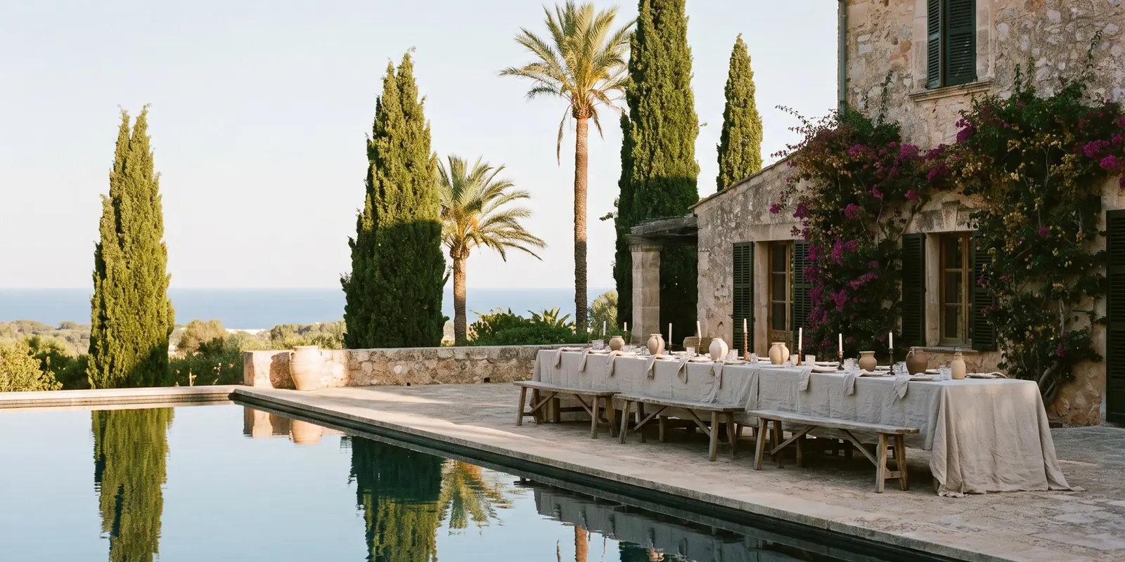A wedding lunch table under a stone pergola overlooking the sea