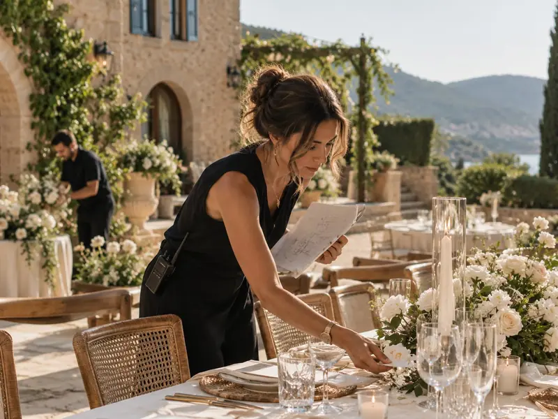 A wedding planner arranging place settings before a destination wedding reception