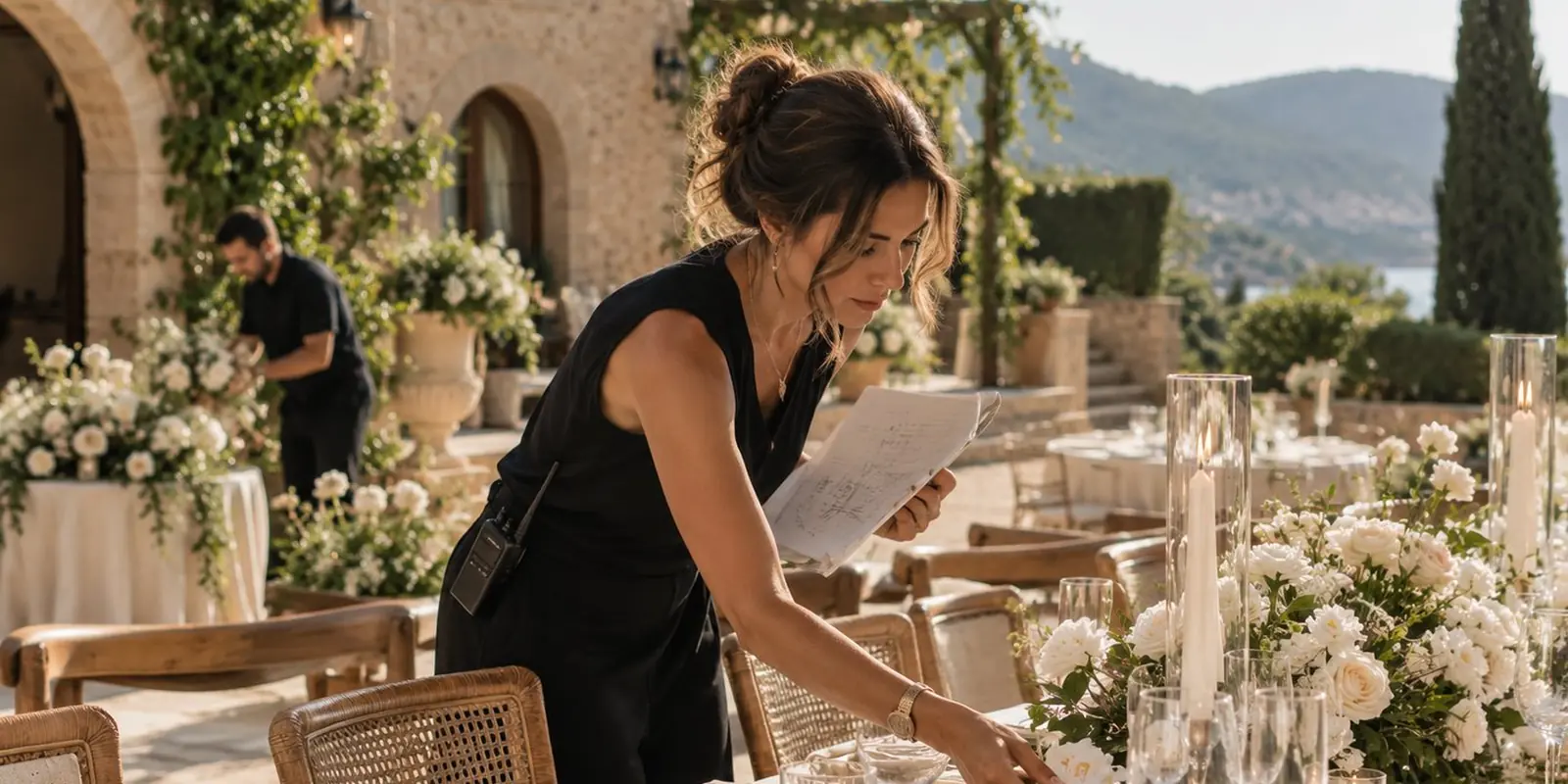 A wedding planner arranging place settings before a destination wedding reception