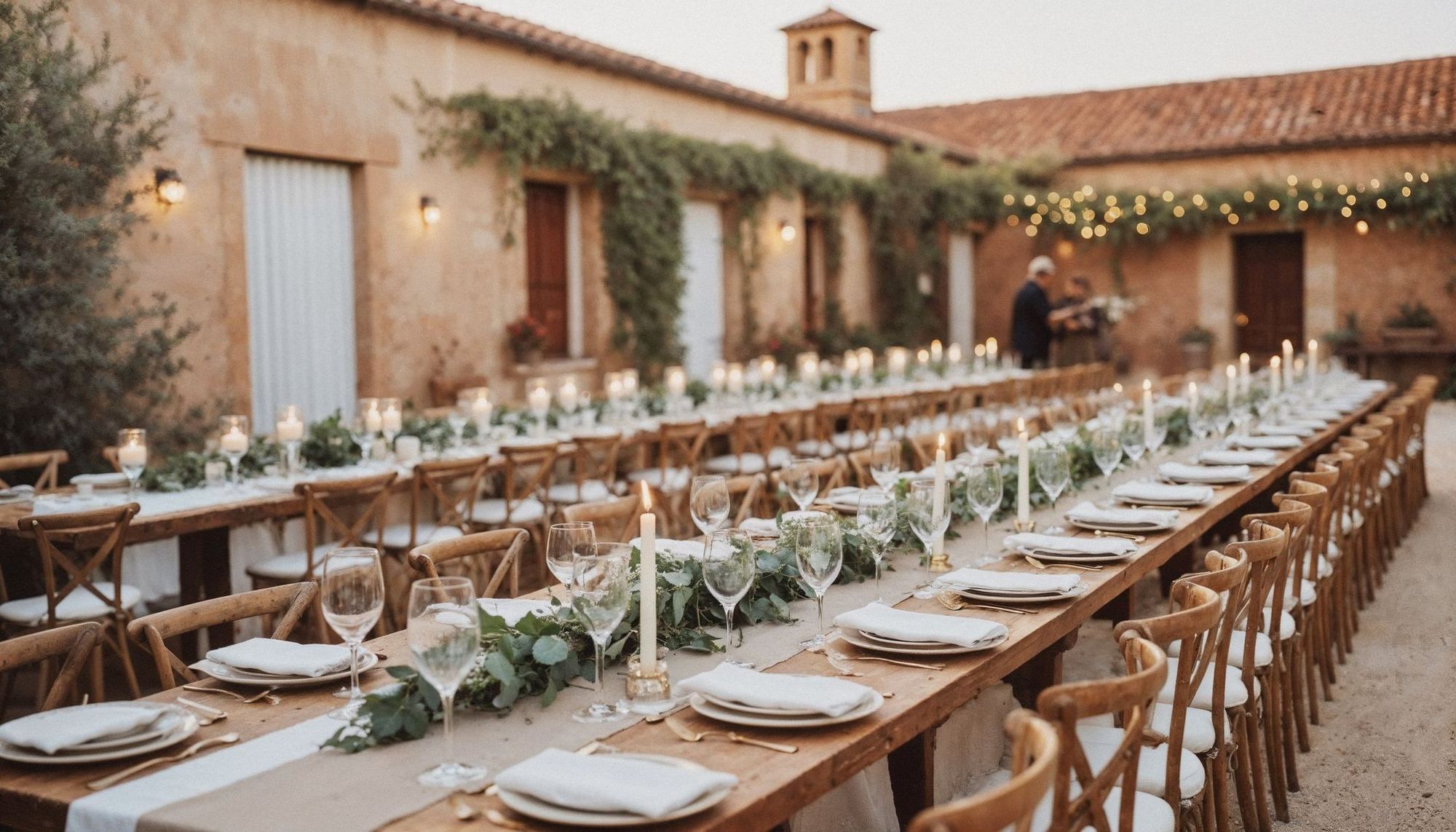 A long wedding reception table set outdoors