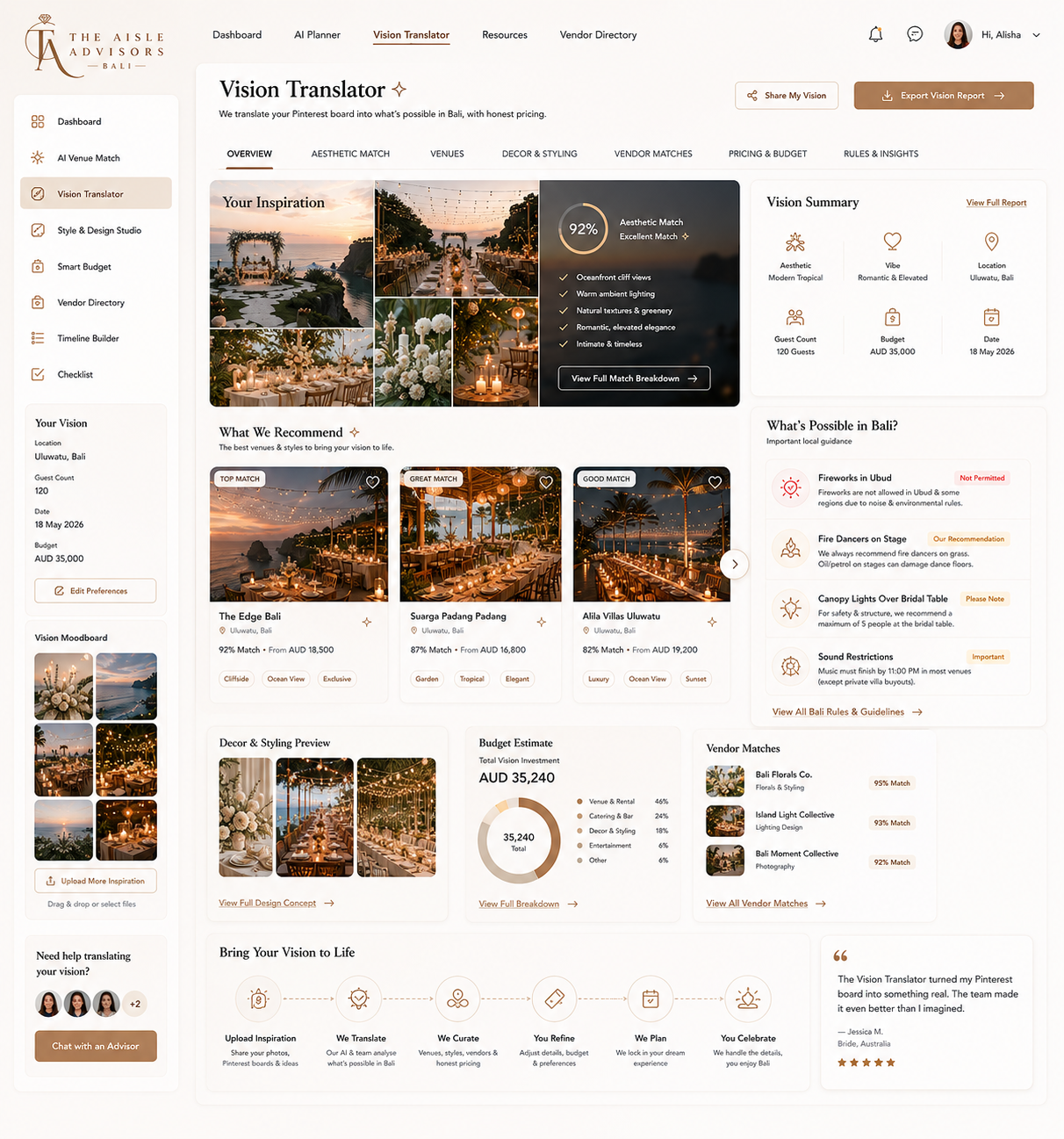 Vision Translator dashboard, translating a Pinterest board into venues, budgets, styling concepts and vendor matches for a Bali wedding
